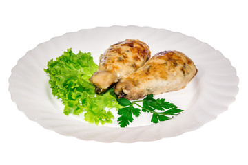 Meat dish from the restaurant chicken. isolated background. view from above. side view