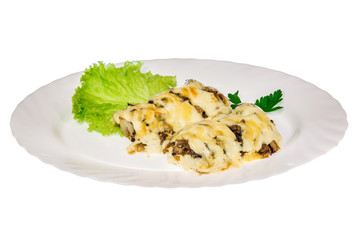  meat dish from the restaurant cutlet. isolated background. view from above. side view