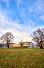 Fototapeta na wymiar The Marstall building in Schwerin under blue sky with clouds. Mecklenburg-Western Pomerania, Germany