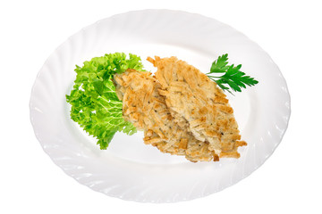  meat dish from the restaurant cutlet. isolated background. view from above. side view