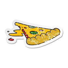 distressed sticker cartoon doodle of a slice of pizza