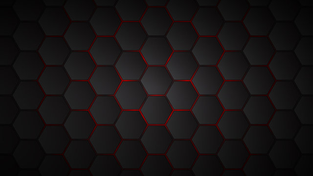 Abstract background of black hexagon tiles with red gaps between them