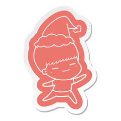 cartoon  sticker of a smug boy wearing santa hat