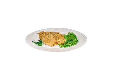  meat dish from the restaurant cutlet. isolated background. view from above. side view
