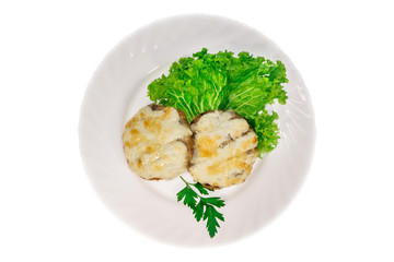  meat dish from the restaurant cutlet. isolated background. view from above. side view