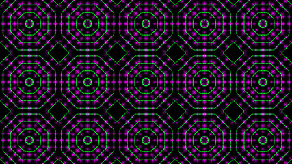 Animated light shinning green and pink dots and stars geometrical shapes. Bright shinning colored dots and stars with 3D camera movement. Abstract background with neon and stars and dots effect