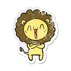 distressed sticker of a happy cartoon lion