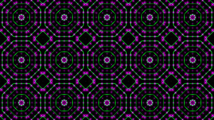 Animated light shinning green and pink dots and stars geometrical shapes. Bright shinning colored dots and stars with 3D camera movement. Abstract background with neon and stars and dots effect