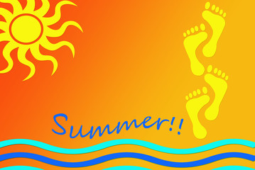 Obraz premium Illustration about summer time with the image of the sun, waves and footprints on a warm background in orange and yellow tones.