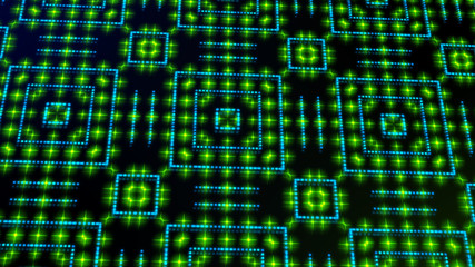 Animated light shinning green and blue dots and stars square shapes. bright shinning colored dots and stars with 3D camera movement. Abstract background with neon and stars and dots effect