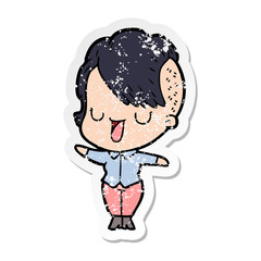 distressed sticker of a cute cartoon girl with hipster haircut