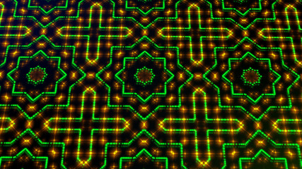 Animated light shinning green and yellow dots and stars geometrical shapes. Bright shinning colored dots and stars with 3D camera movement. Abstract background with neon and stars and dots effect.