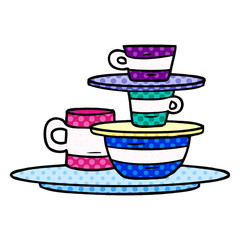 cartoon doodle of colourful bowls and plates