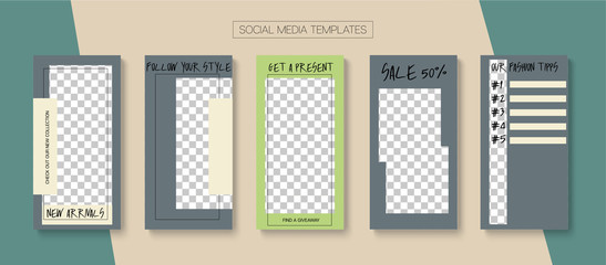 Editable Stories Minimal Vector Layout. Social Media Like and Share, Trends, Sale -50 Photo Frames Kit. Sale Insta Stories Layout