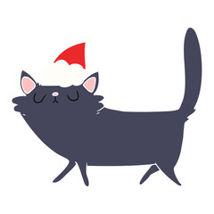 flat color illustration of a black cat wearing santa hat