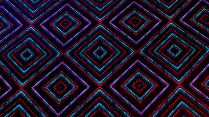 Animated light shining dots square shapes. Bright shining blue and red colored dots (round lights) with 3d camera  movement. Abstract background with dots in space 3d illustration. Neon light effect