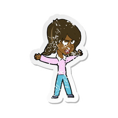 retro distressed sticker of a cartoon woman gesturing