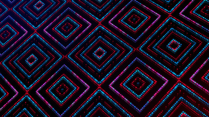 Animated light shining dots square shapes. Bright shining blue and red colored dots (round lights) with 3d camera  movement. Abstract background with dots in space 3d illustration. Neon light effect