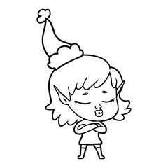 pretty line drawing of a elf girl wearing santa hat