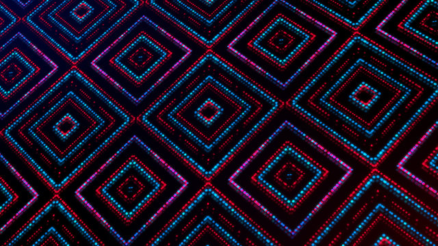 Animated light shining dots square shapes. Bright shining blue and red colored dots (round lights) with 3d camera  movement. Abstract background with dots in space 3d illustration. Neon light effect