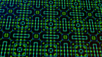 Animated light shinning green and blue dots and stars square shapes. bright shinning colored dots and stars with 3D camera movement. Abstract background with neon and stars and dots effect