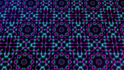Animated light shinning pink and blue dots and stars shapes. bright shinning colored dots and stars with 3D camera movement. Abstract background with neon and stars and dots effect.