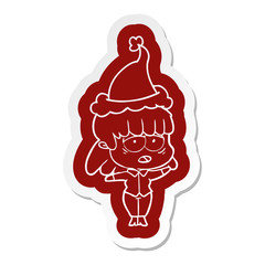 cartoon  sticker of a tired woman wearing santa hat
