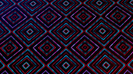 Animated light shining dots square shapes. Bright shining blue and red colored dots (round lights) with 3d camera  movement. Abstract background with dots in space 3d illustration. Neon light effect