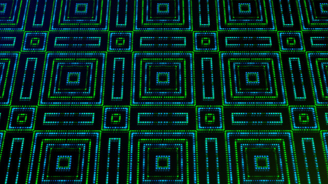Animated light shinning green and blue dots and stars square shapes. bright shinning colored dots and stars with 3D camera movement. Abstract background with neon and stars and dots effect