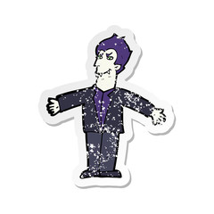 retro distressed sticker of a cartoon vampire man with open arms