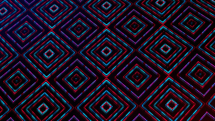 Animated light shining dots square shapes. Bright shining blue and red colored dots (round lights) with 3d camera  movement. Abstract background with dots in space 3d illustration. Neon light effect