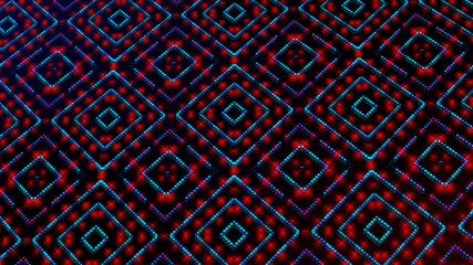 Animated light shining dots square shapes. Bright shining blue and red colored dots (round lights) with 3d camera  movement. Abstract background with dots in space 3d illustration. Neon light effect