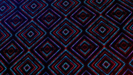 Animated light shining dots square shapes. Bright shining blue and red colored dots (round lights) with 3d camera  movement. Abstract background with dots in space 3d illustration. Neon light effect