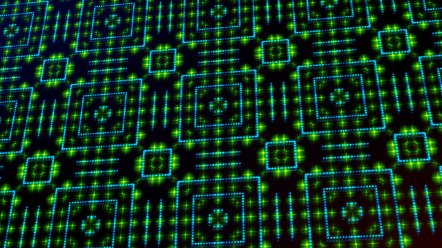 Animated light shinning green and blue dots and stars square shapes. bright shinning colored dots and stars with 3D camera movement. Abstract background with neon and stars and dots effect
