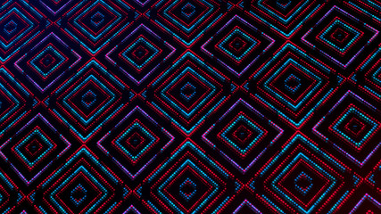 Animated light shining dots square shapes. Bright shining blue and red colored dots (round lights) with 3d camera  movement. Abstract background with dots in space 3d illustration. Neon light effect