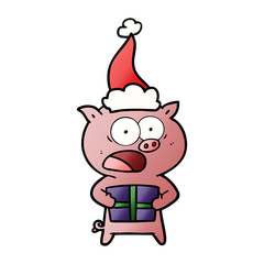 gradient cartoon of a pig with christmas present wearing santa hat
