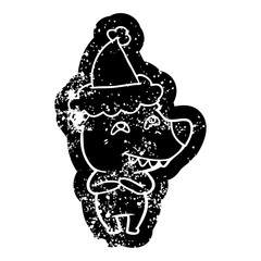 cartoon distressed icon of a bear showing teeth wearing santa hat