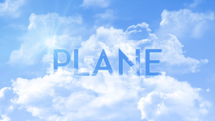 Word PLANE in colorful clouds, communication concept 