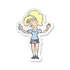 retro distressed sticker of a cartoon woman with idea