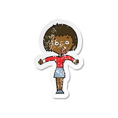 retro distressed sticker of a cartoon woman shrugging shoulders