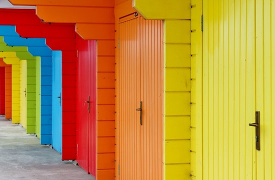 beach hut colourful house paint wooden Victorian beach hut at the British seaside closed foe winter Scarborough holiday seaside uk stock, photo, photograph