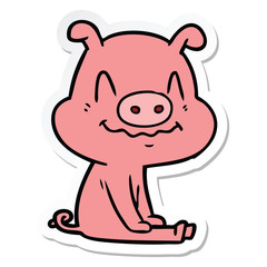 sticker of a nervous cartoon pig sitting