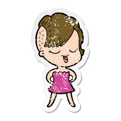 distressed sticker of a happy cartoon girl in cocktail dress
