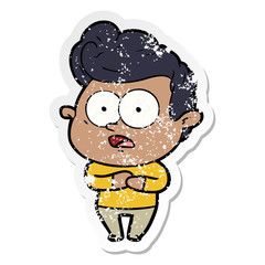 distressed sticker of a cartoon staring man