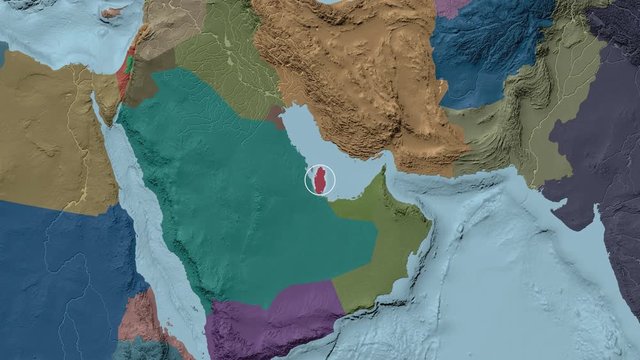 Qatar area presented against the global administrative map in the Fahey projection with animated oblique transformation