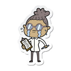 sticker of a cartoon crying woman wearing spectacles
