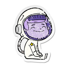 distressed sticker of a happy cartoon astronaut