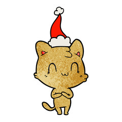 textured cartoon of a happy cat wearing santa hat