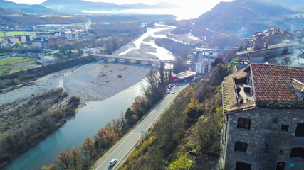 Huesca. Drone in village of Ainsa. Spain. Aerial Photo