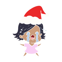 flat color illustration of a woman crying wearing santa hat
